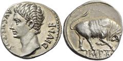 The Collection of a Perfectionist of Roman Imperial Silver Coins Octavian as Augustus, 27 BC – 14 AD. Denarius, Lugdunum 15-13, AR 3.72 g. AVGVSTVS – DIVI·F Bare head l. Rev. Bull butting r.; in exerg