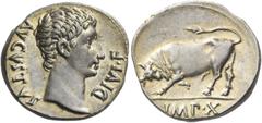 The Collection of a Perfectionist of Roman Imperial Silver Coins Octavian as Augustus, 27 BC – 14 AD. Denarius, Lugdunum 15-13 BC, AR 3.84 g. AVGVSTVS – DIVI·F Bare head r. Rev. Bull butting l.; in ex