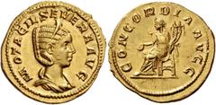 The Roman Empire Otacilia Severa, wife of Philip I. Aureus circa 246–248, AV 5.22 g. M·OTACIL SEVERA AVG Diademed and draped bust r. Rev. CONCORDIA AVGG Concordia seated l., holding patera and double 