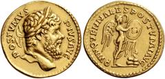The Roman Empire Postumus, 260 – 269. Aureus, Lugdunum Winter 263-264, AV 6.06 g. POSTVMVS PIVS AVG Laureate head r. Rev. QVINQVENNALLES POSTVMI AVG Victory standing r., l. foot on cuirass, writing on