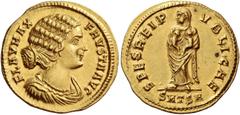 The Roman Empire Fausta, wife of Constantine I. Solidus, Thessalonica 324, AV 4.41 g. FLAV MAX – FAVSTA AVG Draped bust r. Rev. SPES REIP – VBLICAE Empress, veiled, standing l. and holding two childre