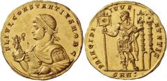 The Roman Empire Constantius II caesar, 324 – 327. Medallion of four and a half solidi, Nicomedia July 325,  AV 19.89 g. FL IVL CONSTANTIVS NOB C  Half-length bust diademed, draped and cuirassed l., h