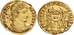 The Roman Empire Constantius II caesar, 324 – 327. Semissis, Siscia 337-340, AV 2.28 g. CONSTANTIVS PF AVG Rosette diademed, draped and cuirassed bust r. Rev. OB VICTORIAM TRIVMPHALEM Two Victories st