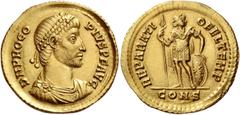 The Roman Empire Procopius, 365 – 366. Solidus, Constantinopolis 366, AV 4.47 g. D N PROCO – PIVS P F AVG Pearl-diademed, draped and cuirassed bust r. Rev. REPARATI – O FEL TEMP Procopius standing fac