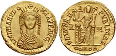 The Roman Empire Licinia Eudoxia, daughter of Theodosius II and wife of Valentinian III. Solidus circa 444-445, AV 4.46 g. LICINIA EVDO – XIA P F AVG Draped bust facing, wearing pearl necklace and a r