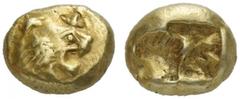 Greek Coins Kingdom of Lydia, unknown king from the Mermnades dynasty, probably Alyattes, 610 – 650. Hecte of Milesian standard, Sardis 600–550, EL 2.38 g. Head of lion r., jaws open, with radiate glo