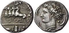 Greek coins Syracuse. Decadrachm unsigned work by Euainetos circa 400, AR 43.27 g. Fast quadriga driven l. by charioteer, holding reins and kentron; in field above, Nike flying r. to crown him. In exe