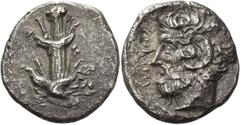 Greek coins Cyrene. Tetradrachm circa 435-375, AR 12.02 g. Silphium plant with four leaves. Rev. NIKIOΣ Head of Zeus Ammon l. BMC pl. X, 10b. Extremely rare. Somewhat corroded, otherwise good very fin