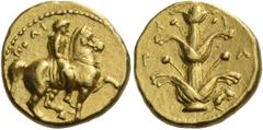 Greek coins Cyrene. Drachm, magistrate Polianthes circa 322-313, AV 4.32 g. ΠOΛI Rider on horseback prancing r. Rev. K – Y / P– A Silphium plant. Traitè 1855b, pl. CCLXV, 15 (this coin illustrated). B