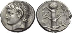 Greek coins Cyrene. Didrachm circa 308-277, AR 7.67 g. Head of Apollo Carneios l. Rev. KY – PA Silphium plant with four leaves; in l. field, coiled snake and in r., monogram. BMC 245 and pl. XXII, 19.