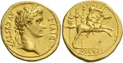 The Roman Empire Octavian as Augustus, 27 BC – 14 AD. Aureus, Lugdunum 8 BC, AV 7.87 g. AVGVSTVS – DIVI F Laureate head r. Rev. C CAES Caius Caesar galloping r., holding sword and shield in l. hand; b