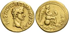 The Roman Empire Gaius, 37 – 41. Quinarius, Lugdunum 37-38, AV 3.83 g. C CAESAR AVG GERMANICS Bare head r. Rev. P M TR – POT Victory seated r. on globe, holding wreath in both hands. C –. BMC –. RIC –