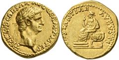 The Roman Empire Claudius, 41 – 54. Aureus 41-42, AV 7.75 g. TI CLAVD CAESAR AVG GERM P M TR P Laureate head r. Rev. CONSTANTIAE AVGVSTI Constantia seated l. on curule chair, raising r. hand; her feet