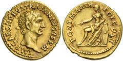 The Roman Empire Trajan, 98 – 117. Aureus 98, AV 7.55 g. IMP CAES NERVA TRAIAN AVG GERM Laureate head r. Rev. PONT MAX TR – POT COS II Germania seated l. on shields, holding palm branch in r. hand and