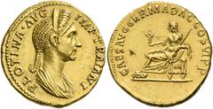 The Roman Empire Plotina, wife of Trajan. Aureus circa 112, AV 7.29 g. PLOTINA AVG – IMP TRAIANI Diademed and draped bust r., hair in plait. Rev. CAES AVG GERMA DAC COS VI P P Vesta seated l., holding
