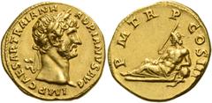 The Roman Empire Hadrian augustus, 117 – 138. Aureus 119-122, AV 7.25 g. IMP CAESAR TRAIAN H – ADRIANVS AVG Laureate head r. Rev. P M TR P COS III Tiber reclining l., holding rudder and leaning with l