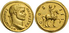 The Roman Empire Diocletian, 284-305. Aureus, Cyzicus 287-290, AV 5.32 g. DIOCLETIANVS – AVGVSTVS Laureate head r. Rev. COS – II – I Emperor on horseback r., raising r. arm. C 54. RIC 287. Bastien, Do