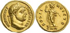 The Roman Empire Galerius caesar, 293 – 305. Aureus, Nicomedia 294, AV 5.28 g. MAXIMIANVS – NOB CAESAR Laureate head r. Rev. SOLI I – NVICTO Sol standing facing, head r., raising r. hand and holding g