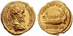 An Important Collection of Roman Gold Coins Part I The Roman Empire Septimius Severus, 193 – 211 No.: 39 Estimate: CHF 25000 d=21 mm Aureus 202, 7.30 g. SEVERVS AVG P M – TR P X COS III Laureate, drap