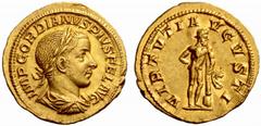 An Important Collection of Roman Gold Coins Part I The Roman Empire Gordian III Augustus, 238 – 244 No.: 53 Estimate: CHF 4500 d=22 mm Aureus 241-243, 5.10 g. IMP GORDIANVS PIVS FEL AVG Laureate, drap