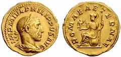 An Important Collection of Roman Gold Coins Part I The Roman Empire Philip I, 244 – 249 No.: 54 Estimate: CHF 12000 d=20 mm Aureus 244–247, 4.53 g. IMP M IVL PHILIPPVS AVG Laureate, draped and cuirass