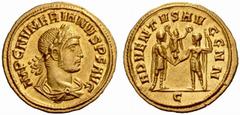 An Important Collection of Roman Gold Coins Part I The Roman Empire Numerian Augustus, 283 – 284 No.: 69 Estimate: CHF 18000 d=20 mm Aureus, Cyzicus 284, 4.56 g. IMP C NVMERIANVS P F AVG Laureate, dra