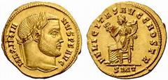 An Important Collection of Roman Gold Coins Part I The Roman Empire Galerius Maximianus Augustus, 305 – 311 No.: 80 Estimate: CHF 7000 d=21 mm Aureus, Ticinum 305-306, 5.92 g. MAXIMIA – NVS PF AVG Lau