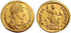 An Important Collection of Roman Gold Coins Part I The Roman Empire Gratian, 367 – 383 No.: 101 Estimate: CHF 1000 d=22 mm Solidus, Constantinopolis 380, 4.44 g. D N GRATIA – NVS P F AVG Pearl-diademe