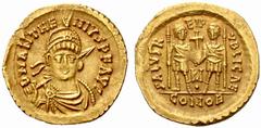 An Important Collection of Roman Gold Coins Part I The Roman Empire Anthemius, 467 – 472 No.: 119 Estimate: CHF 4000 d=21 mm Solidus 468, 4.41 g. D N ANTHE – MIVS P F AVG Helmeted, pearl-diademed and 