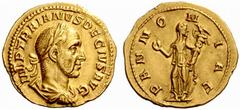 An Important Collection of Roman Gold Coins Part II The Roman Empire Trajan Decius, 249 – 251 No.: 186 Estimate: CHF 5000 d=20 mm Aureus 249, 3.77 g. IMP TRAIANVS DECIVS AVG Laureate, draped and cuira