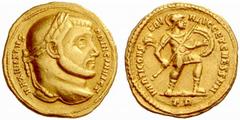 An Important Collection of Roman Gold Coins Part II The Roman Empire Maxentius Caesar, 306 – 307 No.: 206 Estimate: CHF 10000 d=19 mm Aureus 306–307, 5.42 g. MAXENTIVS – PRINC INVICT Laureate head r. 