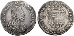Importante serie di monete di zecche italiane Parte I Savoia Carlo Emanuele I duca di Savoia (1580-1630) Il Grande. No.: 499 Estimate: EUR 3000 d=44 mm Ducatone 1590. Torino. AR 31,71 g. – ø, 42,0 CAR