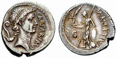 The Roman Republic No.: 1 Estimate: CHF 12000 d=20 mm Julius Caesar. Denarius Roma 44 BC, AR 3.76 g. CAESAR IMP Laureate head r.; behind, lituus over culullus. Rev. M·METTIVS Venus standing l., holdin