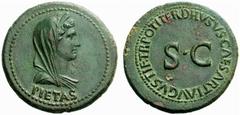 The Roman Empire In the name of Livia, wife of Augustus or Livilla, wife of Drusus No.: 9 Estimate: CHF 15000 d=31 mm Dupondius 22-23 AD, æ 14.13 g. PIETAS Veiled and diademed bust of Pietas or Livill