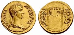 The Roman Empire In the name of Antonia, mother of Claudius No.: 14 Estimate: CHF 15000 d=20 mm Aureus 41-45, AV 7.85 g. ANTONIA – AVGVSTA Draped bust r., wearing crown of corn-ears. Rev. SACERDOS – D