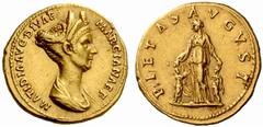The Roman Empire Matidia, daughter of Marciana No.: 55 Estimate: CHF 24000 d=21 mm Aureus 112, AV 7.17 g. MATIDIA AVG DIVAE – MARCIANAE F Draped bust r., hair elaborately dressed, above which crescent