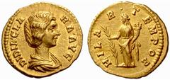 The Roman Empire Didia Clara, daughter of Didius Julianus No.: 94 Estimate: CHF 55000 d=20 mm Aureus March-May 193, AV 6.43 g. DIDIA CLA – RA AVG Draped bust r. Rev. HILA – R – TEMPOR Hilaritas standi