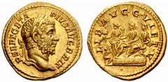 The Roman Empire Geta Augustus, 210 – 211 No.: 116 Estimate: CHF 25000 d=21 mm Aureus 210-212, AV 7.11 g. P SEPT GETA – PIVS AVG BRIT Laureate head r. Rev. LIB AVGG V ET V Caracalla and Geta seated l.