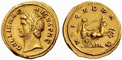 The Roman Empire Gallienus sole reign, 260 – 268 No.: 166 Estimate: CHF 7000 d=21 mm Aureus 260-268, AV 6.07 g. GALLIENAE – AVGVSTAE Head l., wearing barley wreath. Rev. Rev. VBI – QVE PA – X Victoria