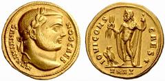 The Roman Empire Galerius Maximianus Ceasar, 293 – 305 No.: 212 Estimate: CHF 8000 d=19 mm Aureus, Antiochia 293, AV 5.39 g. MAXIMIANVS – NOB CAES Laureate head r. Rev. IOVI CONS – CAES þ Jupiter stan