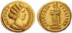 The Roman Empire Fausta, wife of Constantine I No.: 238 Estimate: CHF 80000 d=19 mm Solidus, Nicomedia 324-325, AV 4.48 g. FLAV MAX – FAVSTA AVG Draped bust r., wearing pearl necklace. Rev. SALVS REI 