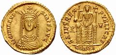 The Roman Empire Licinia Eudoxia, wife of Valentinian III No.: 296 Estimate: CHF 75000 d=22 mm Solidus, Ravenna after 6th August 439, AV 4.43 g. LICINIA EVD – OXIA P F AVG Draped bust facing, wearing 