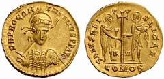 The Roman Empire Anthemius, 467 – 472 No.: 302 Estimate: CHF 7500 d=22 mm Solidus, Ravenna 467-472, AV 4.39 g. D N PROC AN – THEMIVS P F AVG Helmeted, pearl-diademed and cuirassed bust three-quarters 