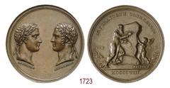 NAPOLEONE IMPERATORE Congresso d'Erfurt, 1808, Erfurt op. Facius, Æ 29,94g. Ø43,3mm. [3,9mm. Teste laureate affrontate; a s. di Napoleone I, sotto, NAPOLEON, ed a d. Alessandro Zar di Russia, sotto, A