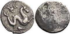 Greek coins Etruria, Lucca. 10 units III century, AR 4.26 g. Hippocamp r.; below, dolphin and above, dolphin and CC. Rev. Blank. Sambon 24. AMB 19 (this coin). SNG ANS 17. ECC 8.1 (this coin). Histori