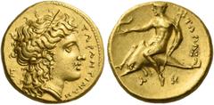 Greek coins Calabria, Tarentum. Half stater circa 333-331/0, AV 4.26 g. TAPANTINΩN Head of Hera r., wearing stephane, triple-pendant earring and necklace; in l. field, E. Rev. TAPAΣ Dolphin rider l., 