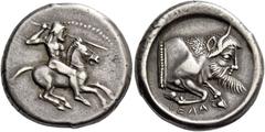 Greek coins Gela. Didrachm circa 480, AR 8.61 g. Naked horseman r., hurling javelin from upraised r. hand and holding reins in l. Rev. CEΛΑΣ Forepart of man-headed bull (the river-god Gelas) r. Jameso