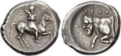 Greek coins Gela. Didrachm circa 420-415, AR 8.76 g. Rider galloping r., wearing Phrygian helmet, short chiton and chlamys, hurling javelin from upraised r. hand. Rev. ΓΕΛΑΣ Forepart of man-headed bul