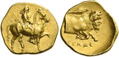 Greek coins Gela. Dilitron circa 406-405, AV 1.72 g. Rider on horse pacing r., wearing chiton, Phrygian helmet and boots, holding in r. hand reins and in l. spear. Rev. ΓΕΛΑΣ Forepart of man-headed bu