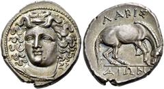 Greek coins Thessaly, Larissa. Drachm 350-300, AR 6.13 g. Head of nymph Larissa facing three-quarters l., wearing ampyx, earring and necklace. Rev. ΛAPIΣ / AIΩN Horse crouching r. preparing to roll. B
